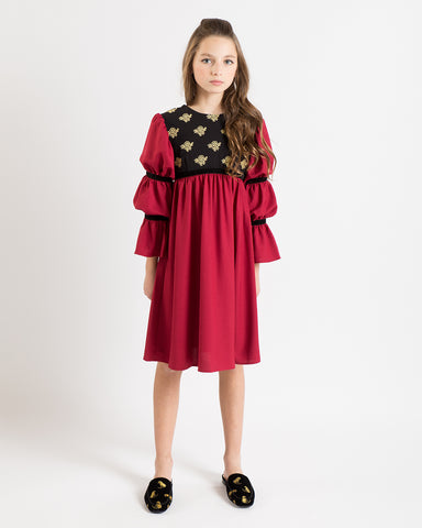 Bella dress (burgundy with golden embroidery blooms)