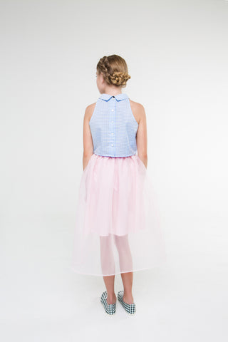 Louise (blue gingham/carnation pink skirt)