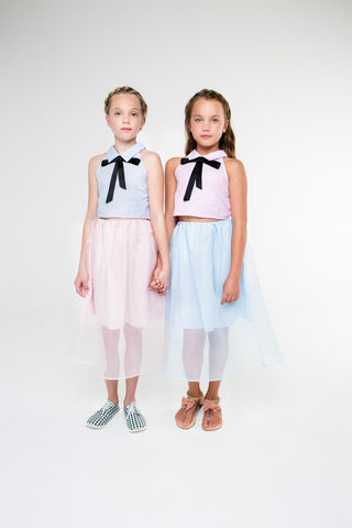 Louise (blue gingham/carnation pink skirt)